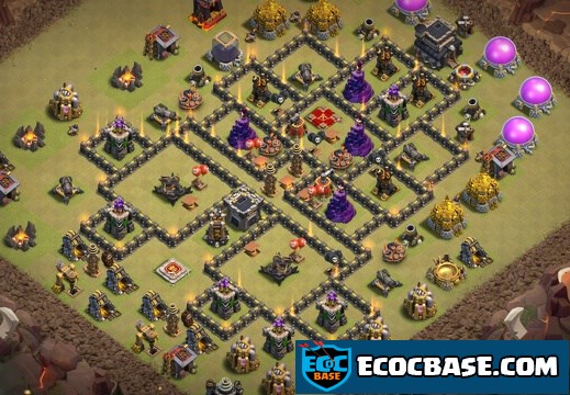 #1080 War Base Layout for TH9, Outside Town Hall, Diseño Guerra Ayuntamiento 9 Afuera 